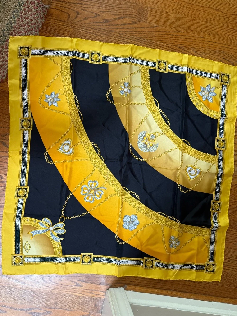 ATELIER VERSACE Silk Barocco Print Black & Gold Scarf Medusa Greek Key